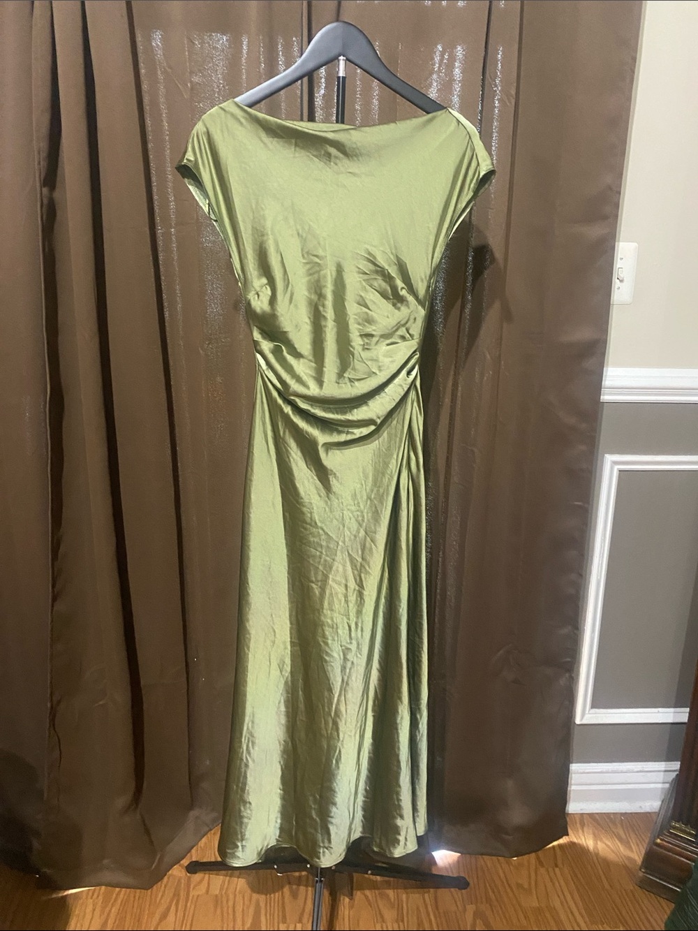 Olive Green Draped Satin Maxi Dress